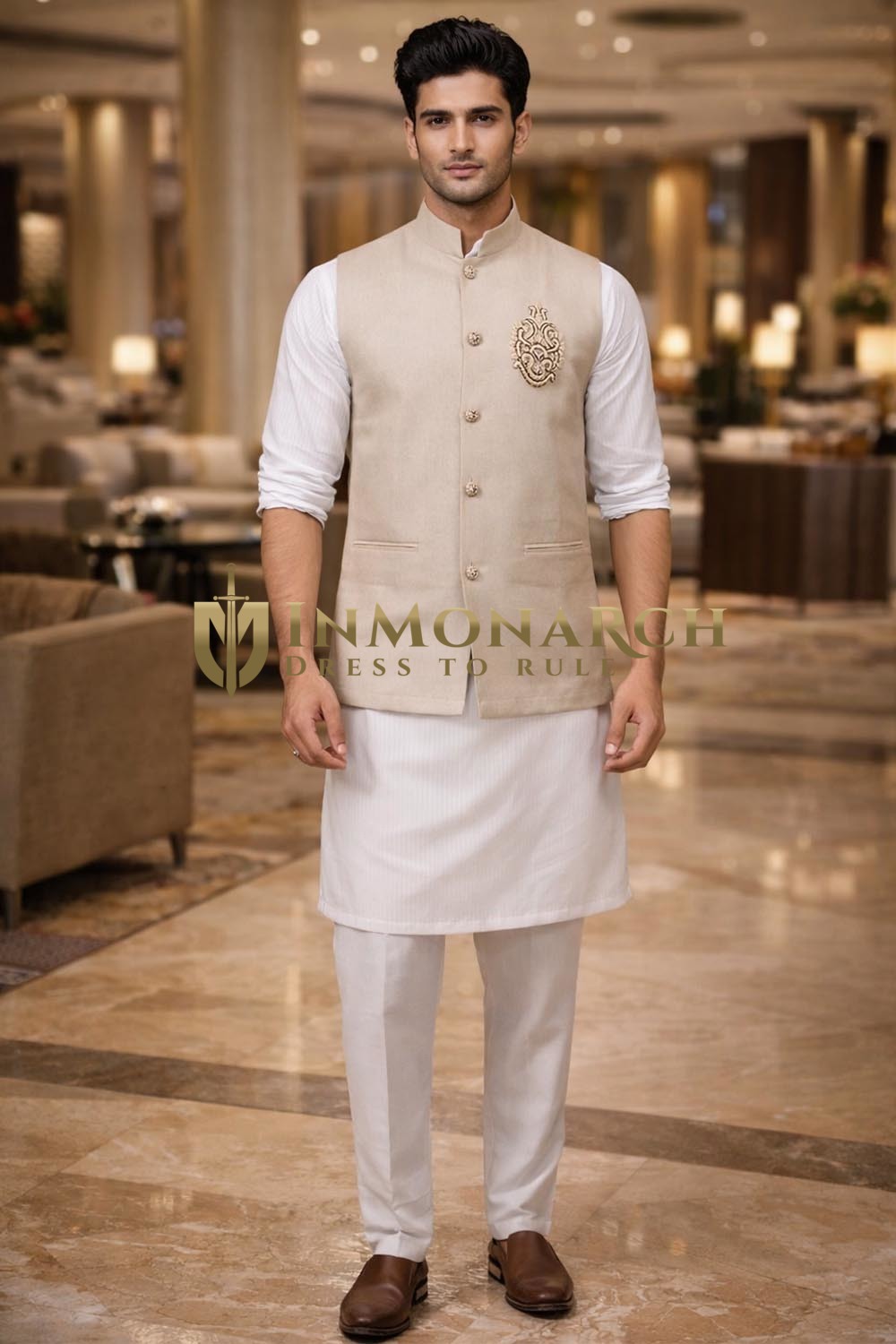 Chaleco Nehru Lino Natural Bordado