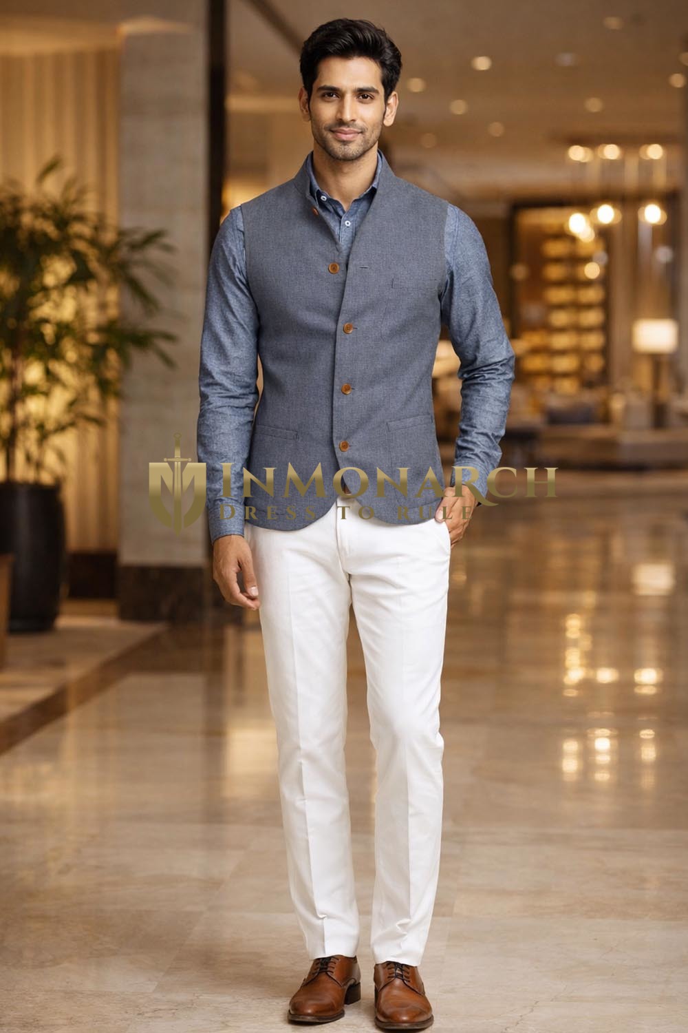 Chaleco Nehru lino azul aqua hombre