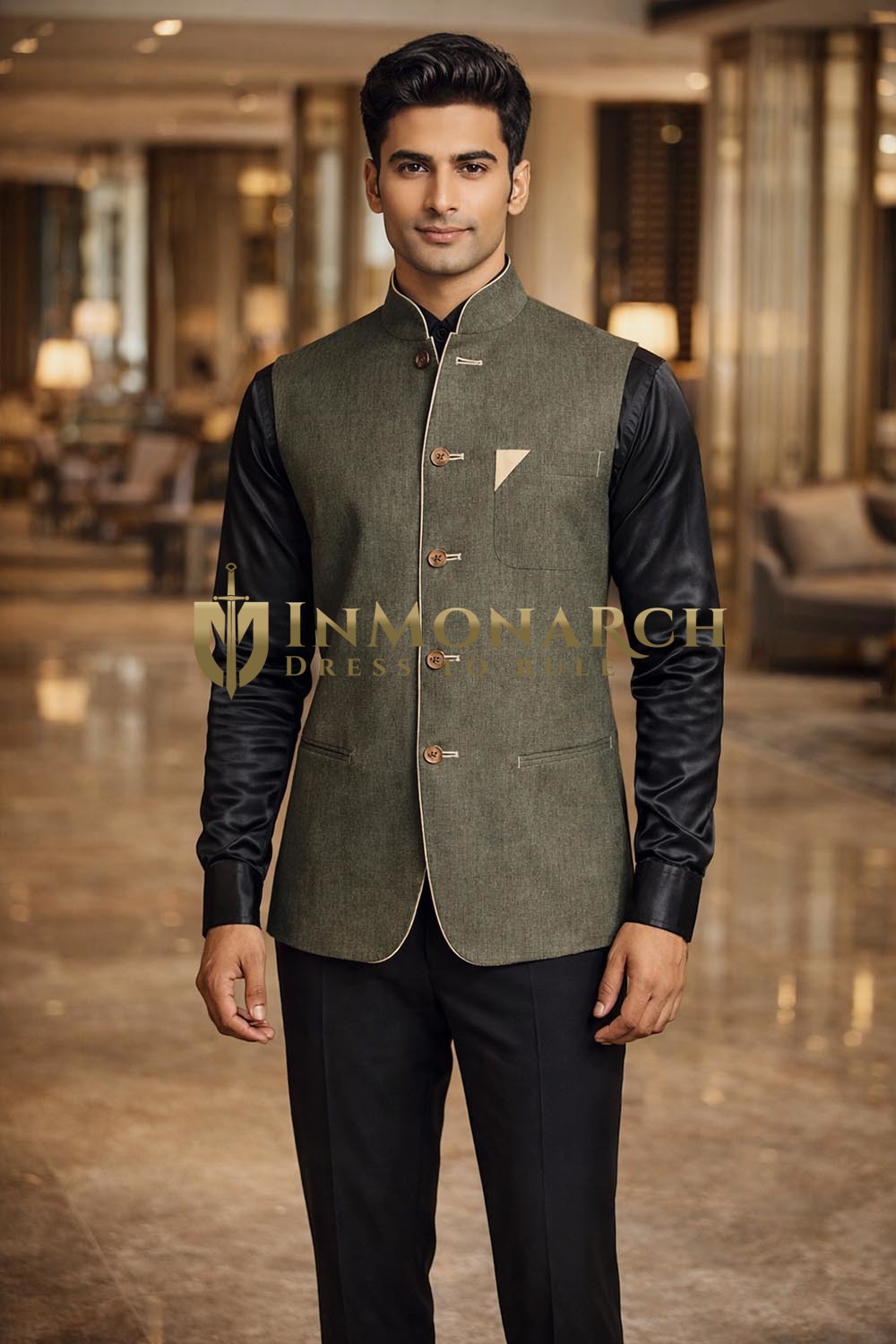 Gilet Nehru lin olive homme