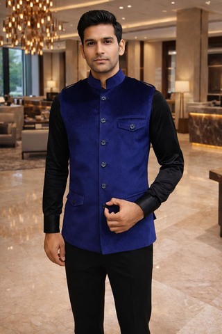 Gilet Nehru safari bleu marine velours