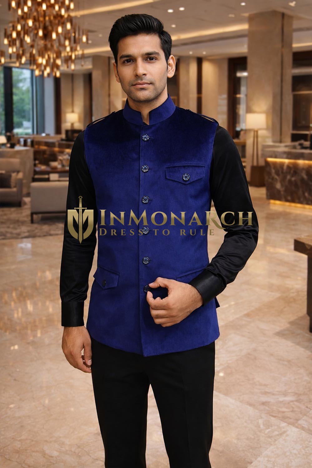 Gilet Nehru safari bleu marine velours