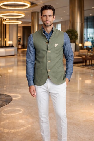 Mens Olive Cotton Nehru Vest Casual Wedding Formal Occasion Wear