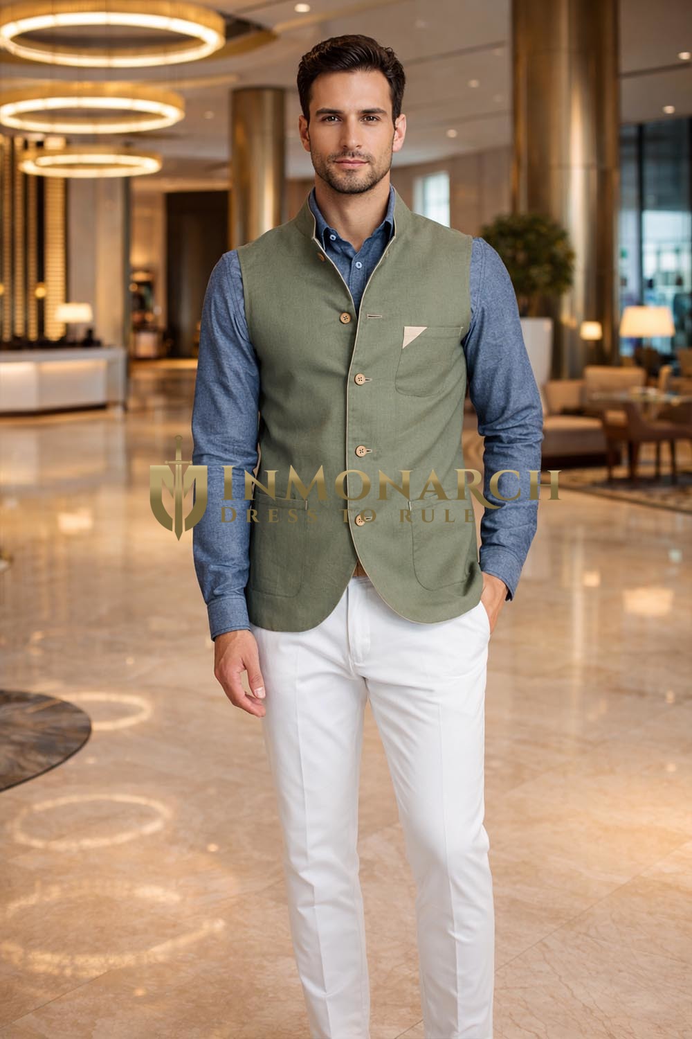 Mens Olive Cotton Nehru Vest Casual Wedding Formal Occasion Wear