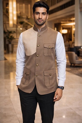 Gilet Nehru safari coton olive homme