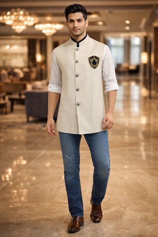 Gilet Nehru Lin Naturel Homme