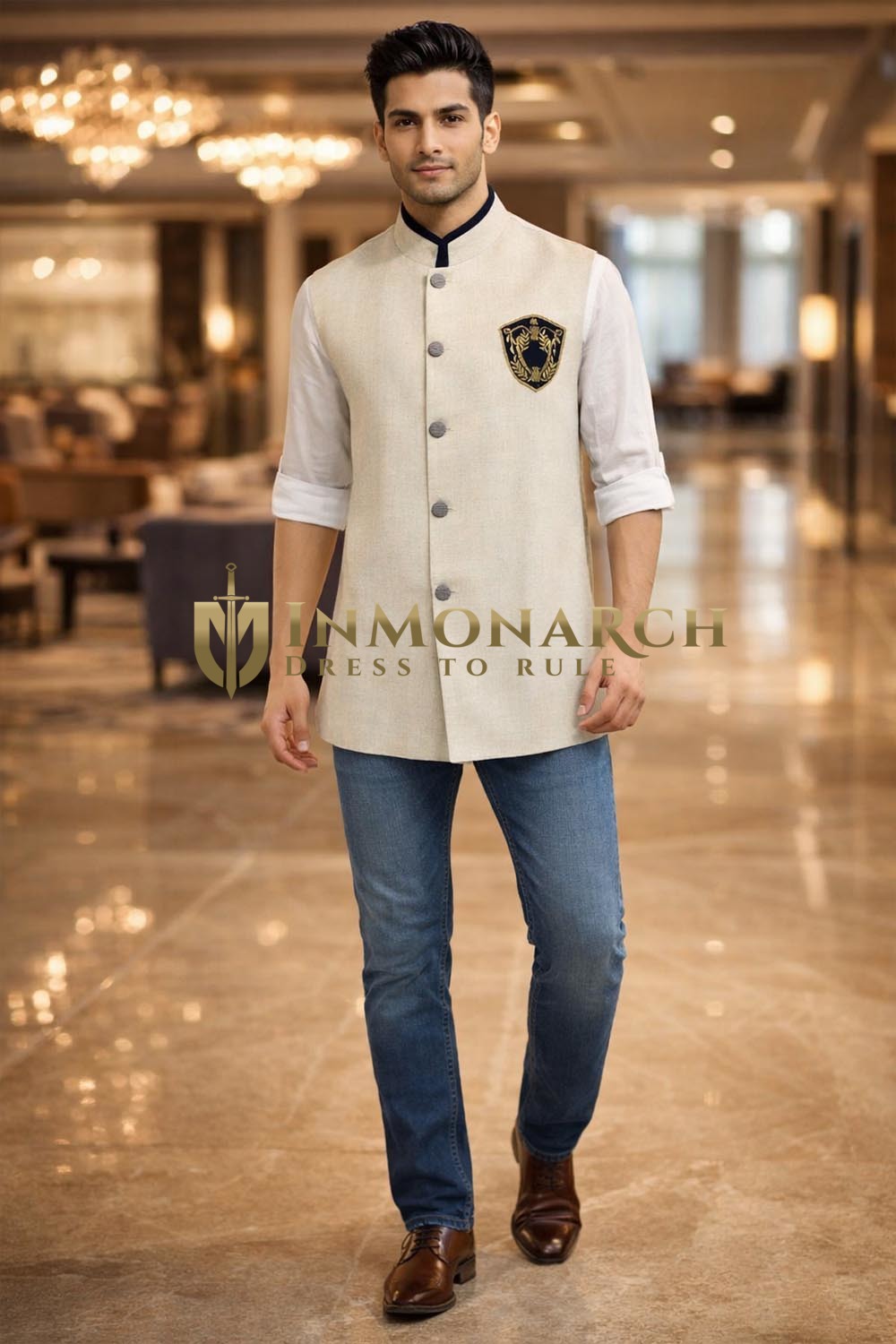  Chaleco Nehru Natural Lino Hombre
