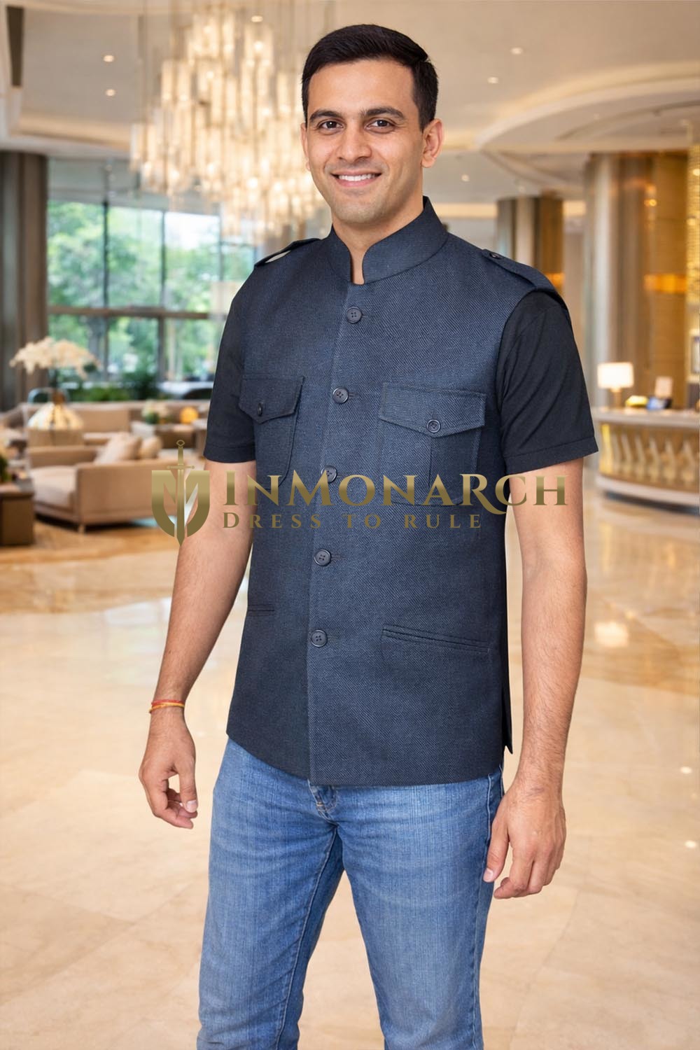 Mens Charcoal Safari Nehru Vest Wedding Formal Occasion Wear