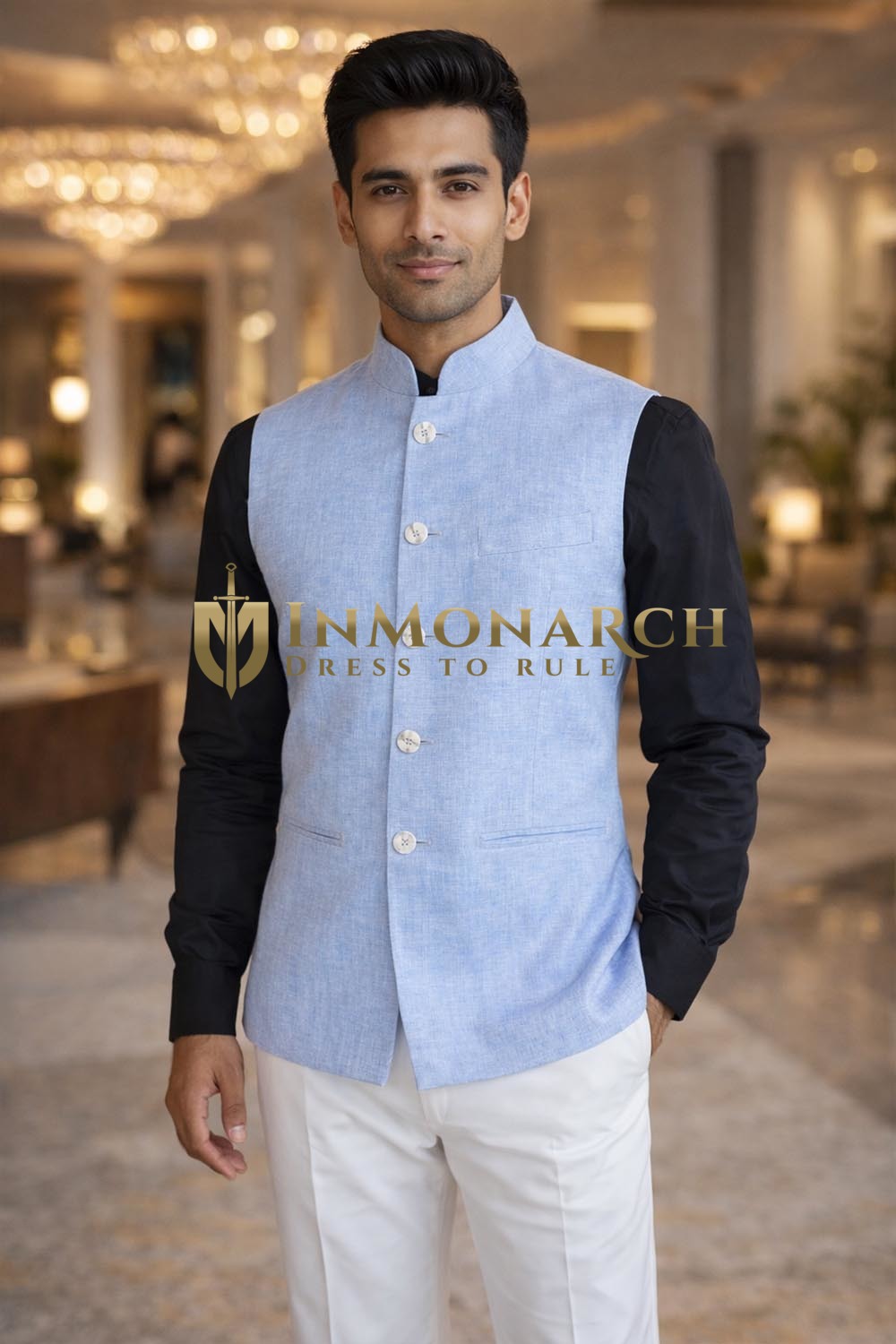 Chaleco Nehru sin mangas azul