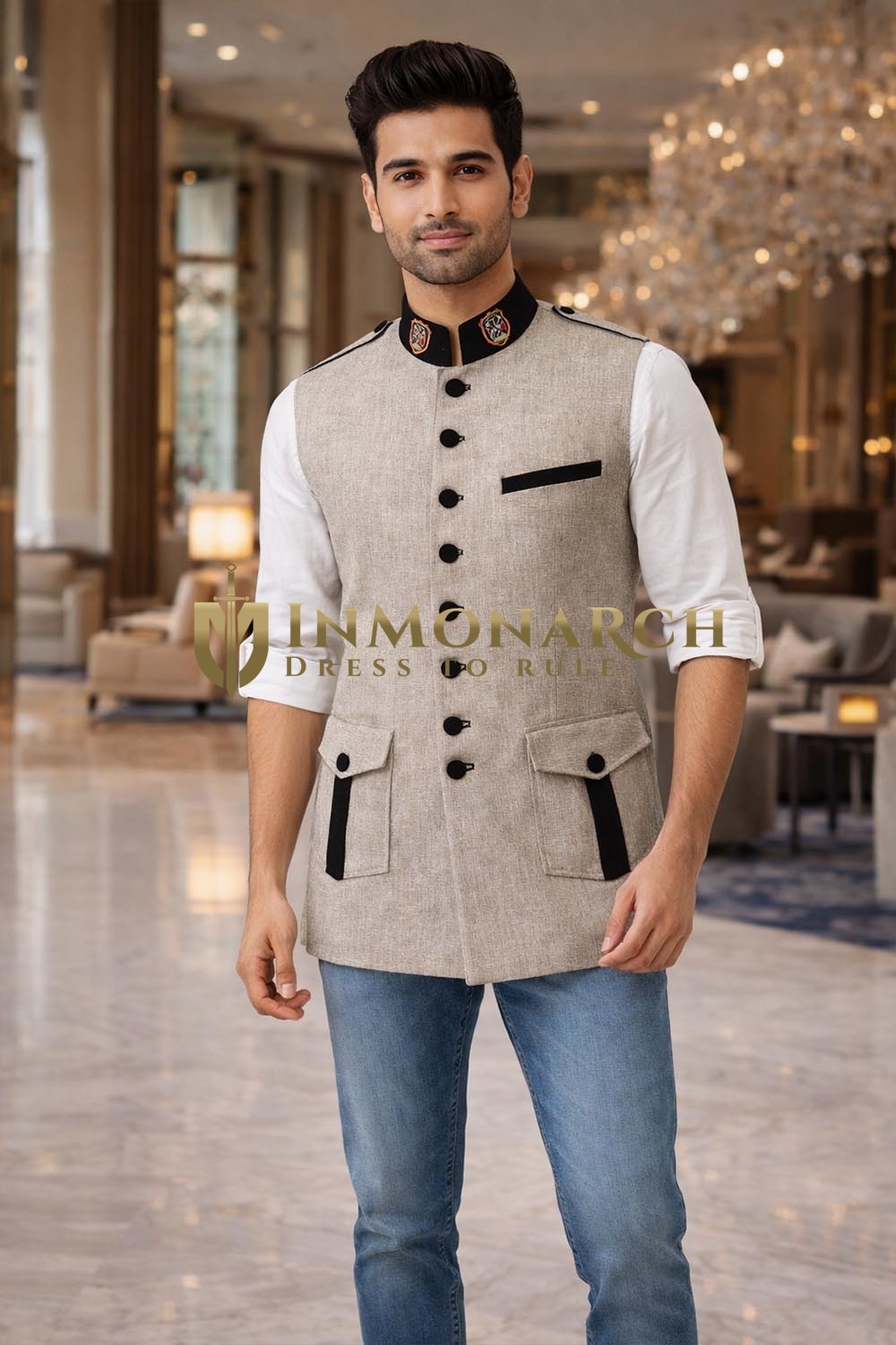 Chaleco Nehru lino natural ocho