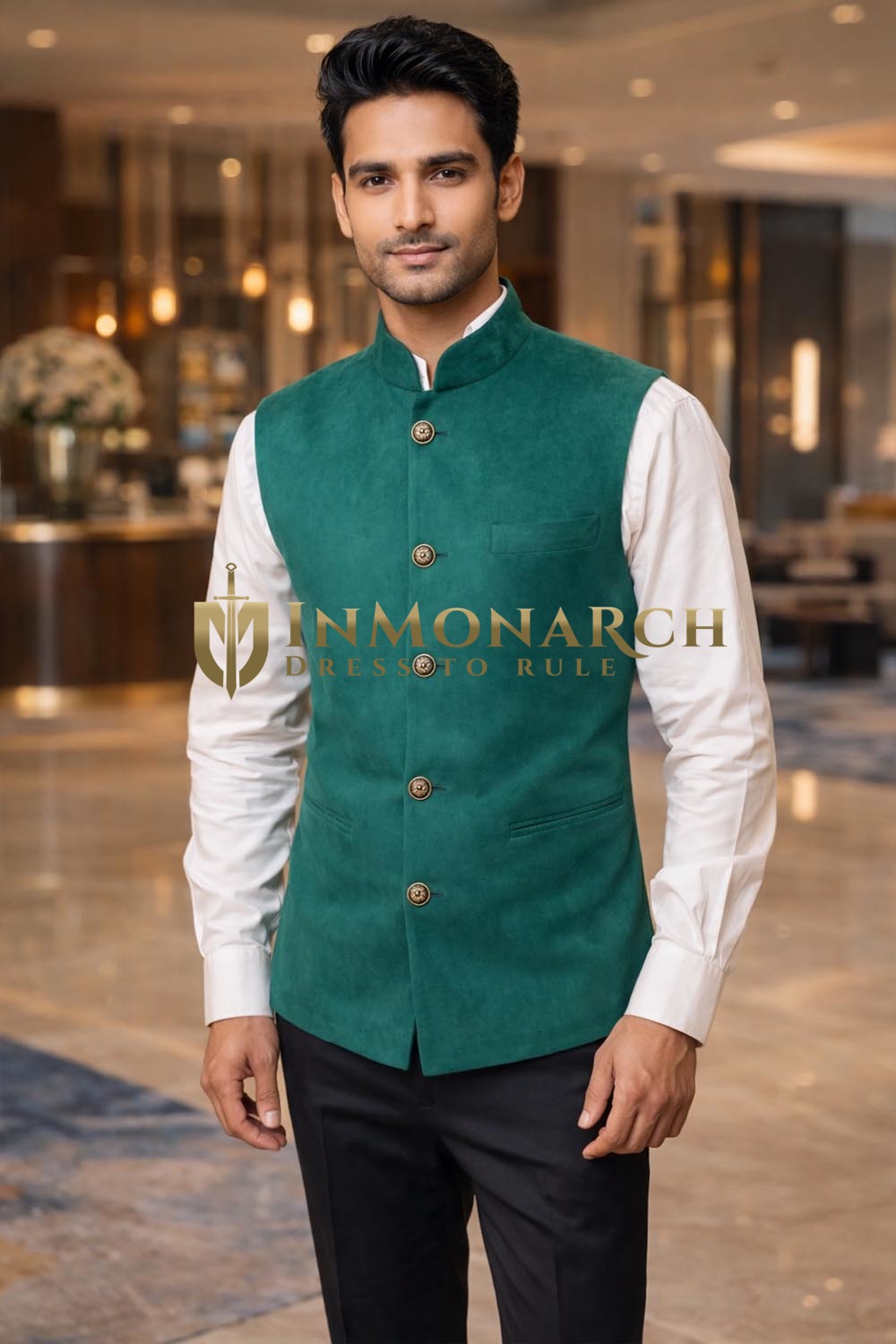 Chaleco Nehru verde ante hombre