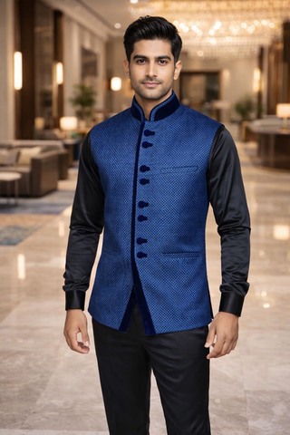 Elegante Nehru-Weste Blau Jute Herren