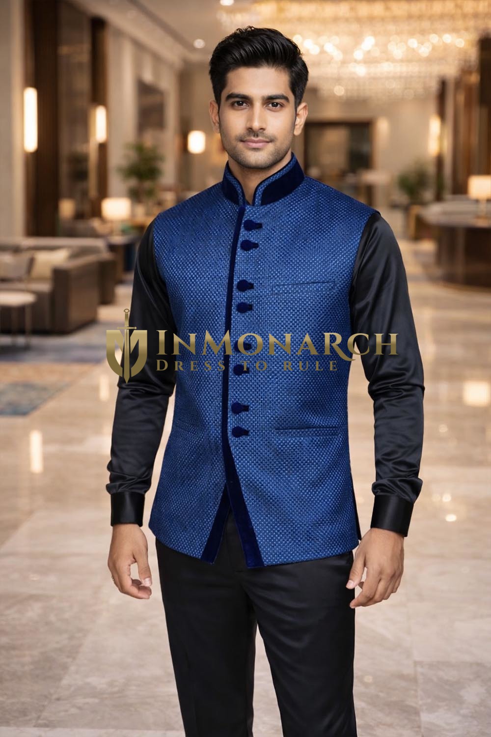 Elegante Nehru-Weste Blau Jute Herren
