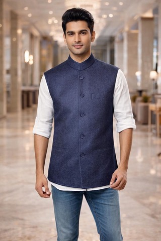 Mens Navy Blue Wool Nehru Vest Formal Wedding Waistcoat for Groom Style