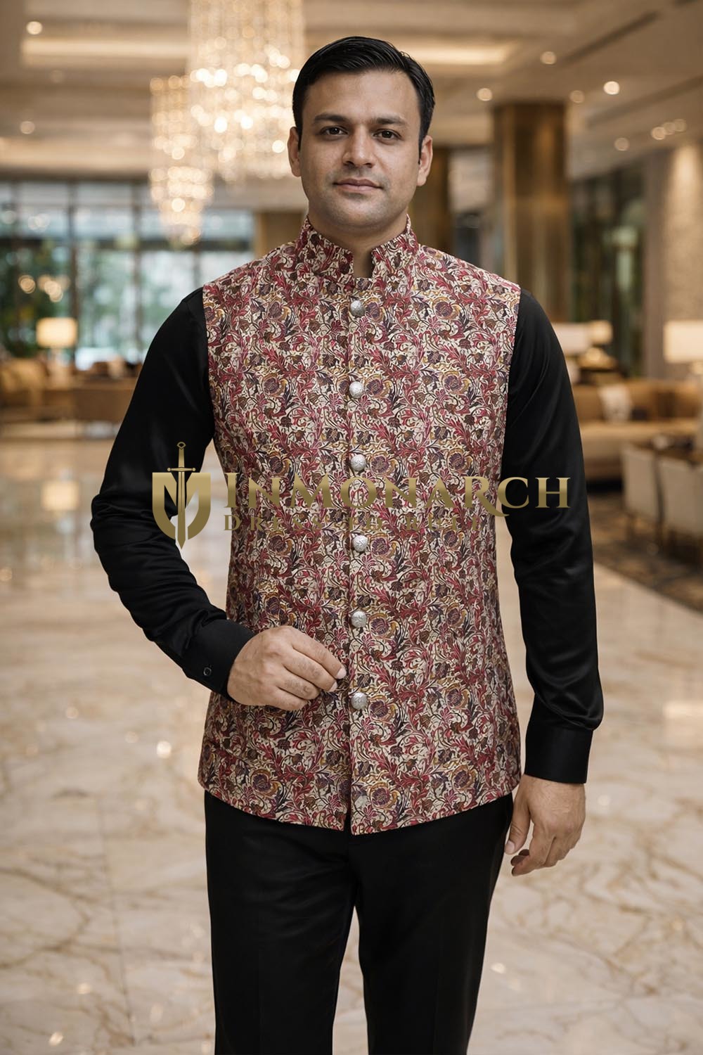 Gilet Nehru crème homme à fleurs