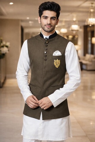 Mens Olive Drab Checked Nehru Vest Concealed Button Wedding Waistcoat