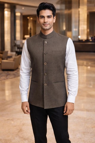 Mens Olive Drab Partywear Nehru Vest Formal Wedding Waistcoat Style