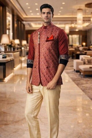 Mens Salmon Jute Silk Nehru Vest Maroon Velvet Trim Wedding Waistcoat