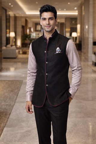 Mens Chocolate Brown Linen Nehru Vest Five Button Wedding Waistcoat