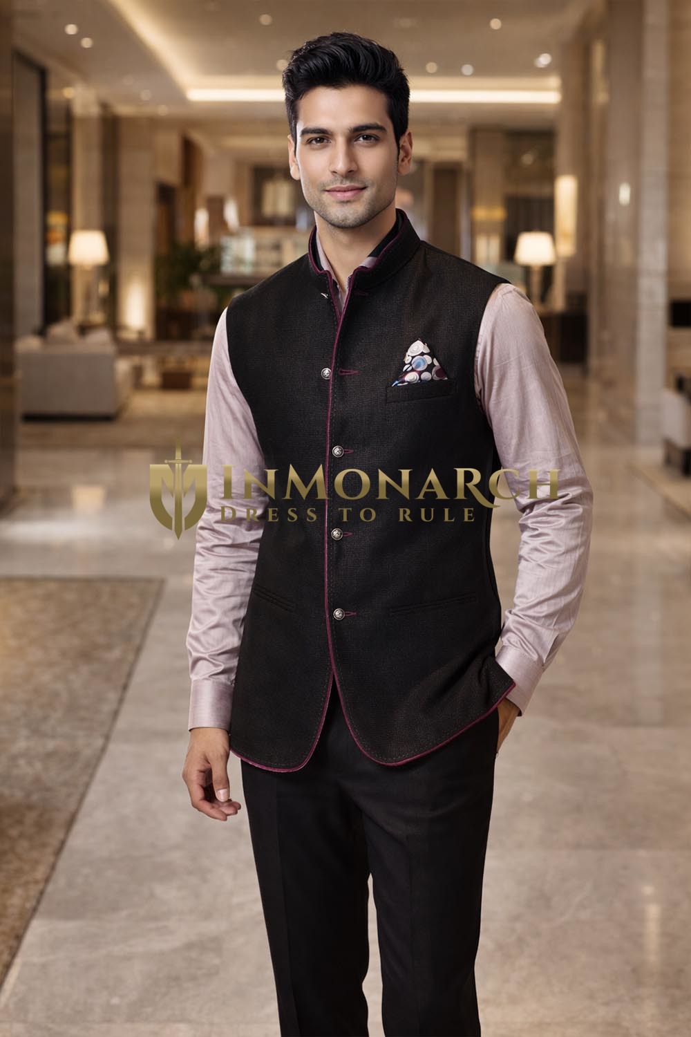 Gilet Nehru noir lin cinq