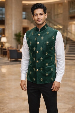 Mens Emerald Green Velvet Nehru Vest Embroidered Wedding Waistcoat