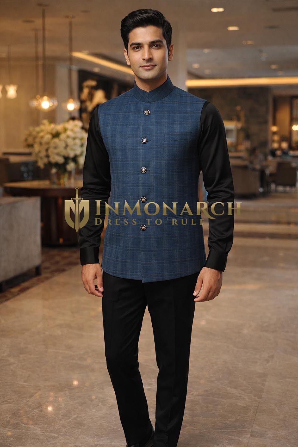 Gilet Nehru Homme Mariage Carreaux