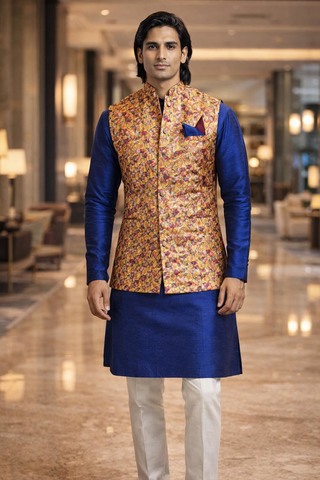 Mens Royal Blue Kurta Pajama Set with Printed Nehru Jacket 4 Piece Suit