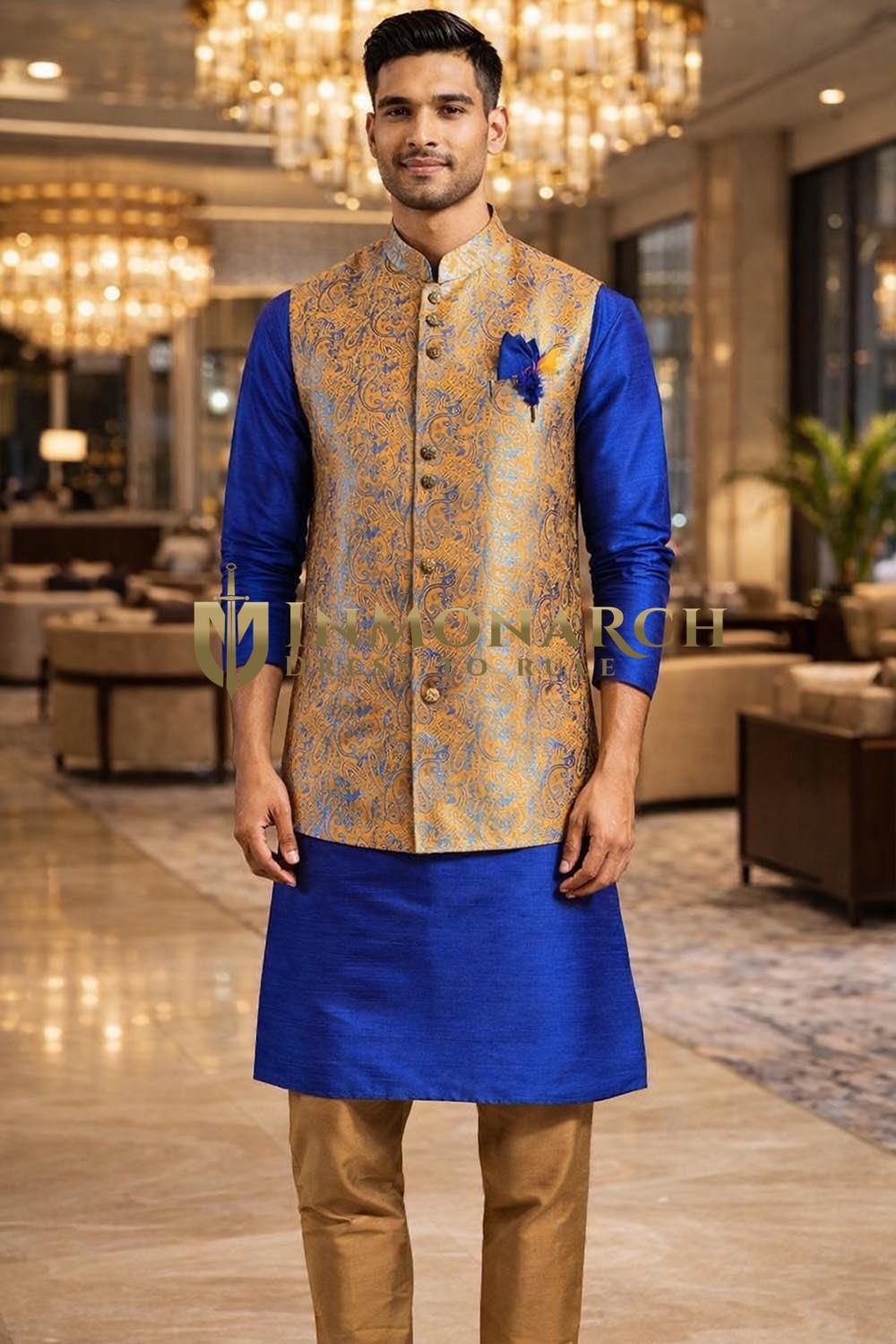 Mens Orange Printed Nehru Jacket Royal Blue Kurta Pajama 5 Piece Set