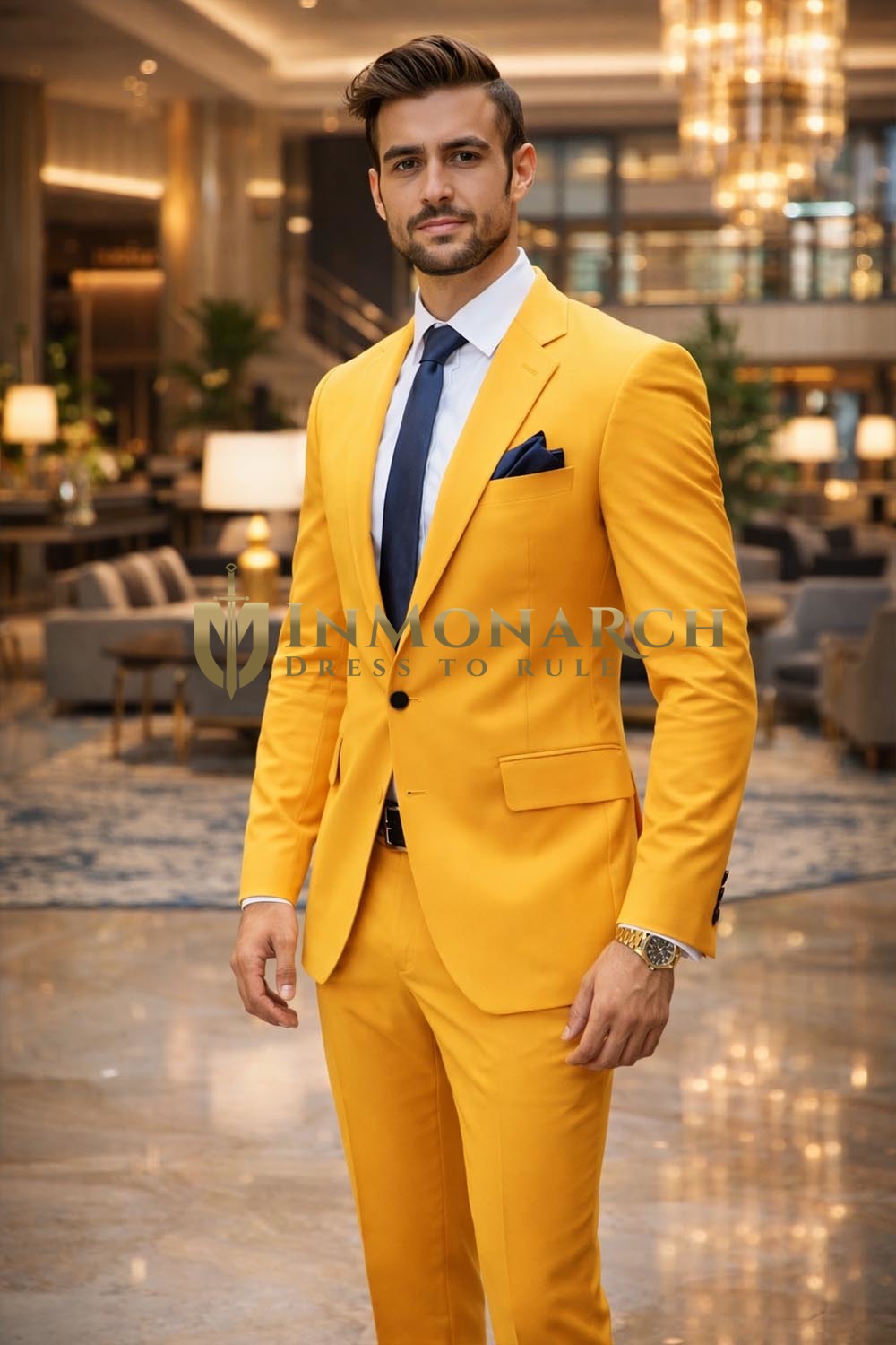 Mens Golden Yellow Slim Fit Wedding Suit 2 Piece Blazer Trouser Set