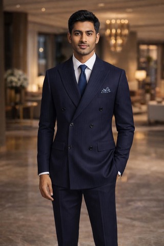 Mens Dark Navy Pinstripe Double Breasted Suit Slim Fit 2 Piece Set