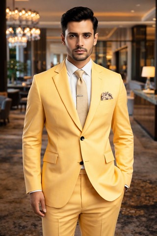 Mens Light Yellow Slim Fit Wedding Suit 2 Piece Blazer Trouser Set