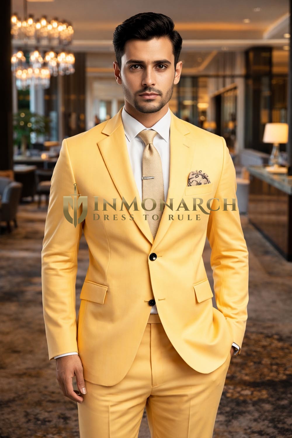 Mens Light Yellow Slim Fit Wedding Suit 2 Piece Blazer Trouser Set