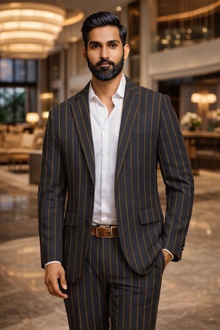 Mens Navy Blue Yellow Pinstripe Slim Fit 2 Piece Suit Set