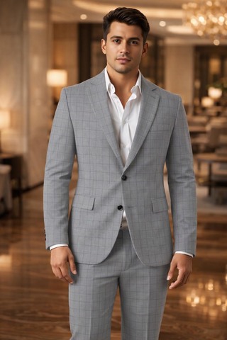 Mens Light Gray Blue Check Slim Fit 2 Piece Suit Blazer Trouser Set