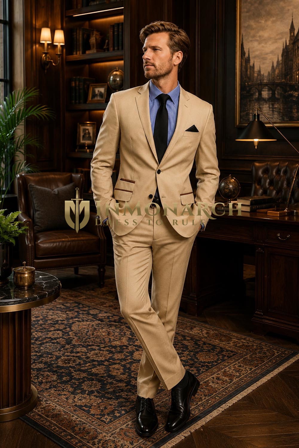 Mens Beige Super 150s Wool Classic Tuxedo 5 Piece Suit Set