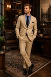 Mens Beige Super 150s Wool Classic Tuxedo 5 Piece Suit Set