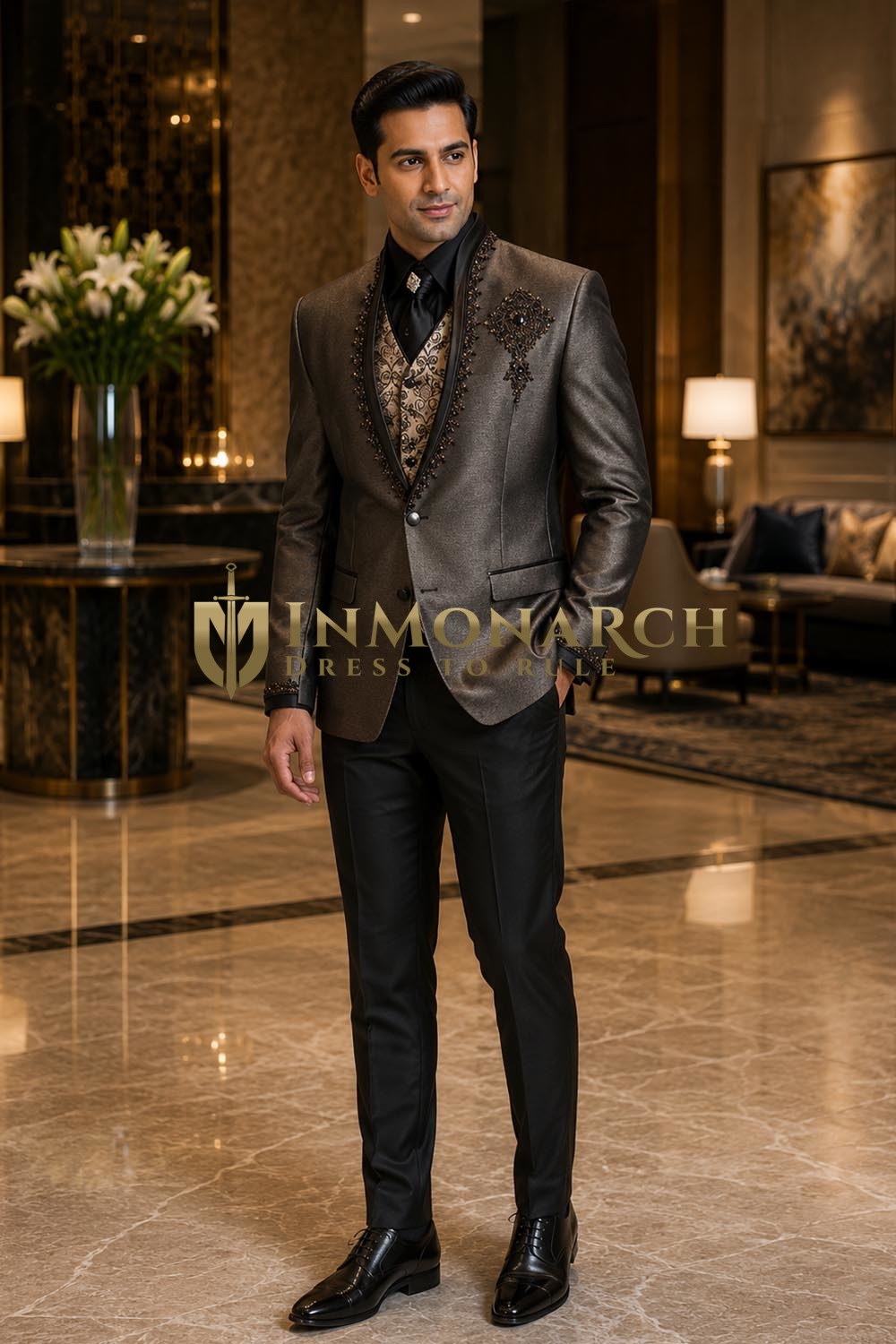 Mens Gray Embroidered Groom Tuxedo 6 Piece Wedding Suit Set