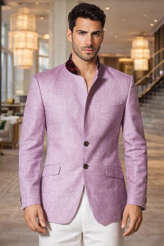 Mens Pink Linen 2 Piece Suit Designer Collar Wedding Formal Outfit Wear