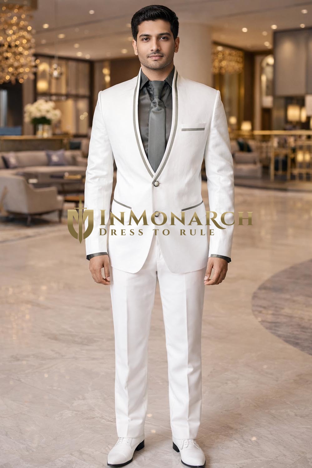 Mens White Linen 4 Piece High Neck Suit Wedding Formal Outfit Wear