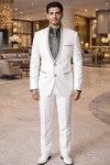 Mens White Linen 4 Piece High Neck Suit Wedding Formal Outfit Wear