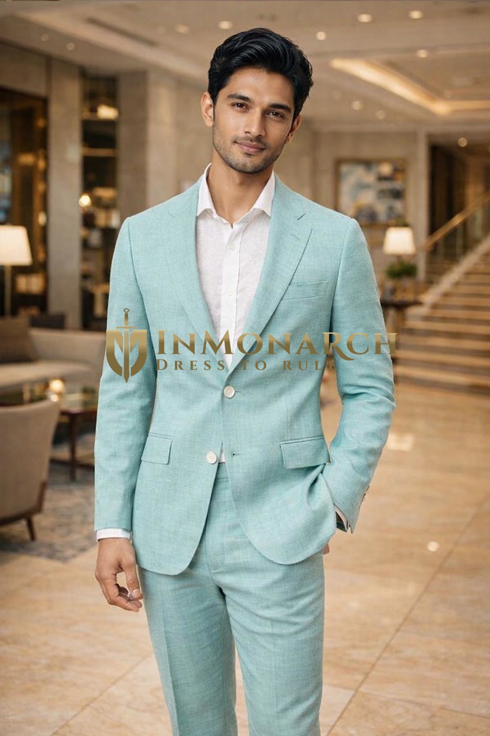 Mens Turquoise Linen 2 Piece Suit Summer Wedding Tailored Formal Wear