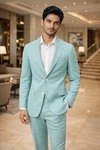 Mens Turquoise Linen 2 Piece Suit Summer Wedding Tailored Formal Wear