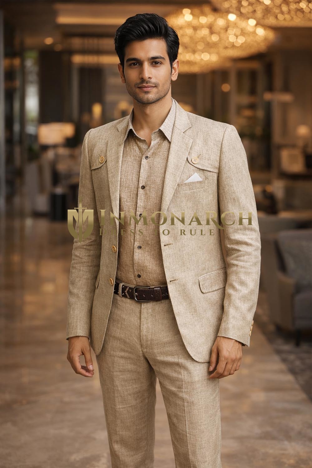 Mens Light Tan Linen 3 Piece Suit Summer Wedding Tailored Outfit Wear