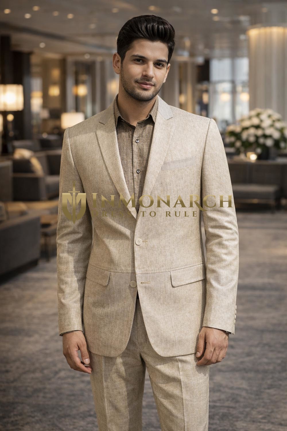 Mens Tan Linen 3 Piece Suit Two Button Summer Wedding Formal Wear
