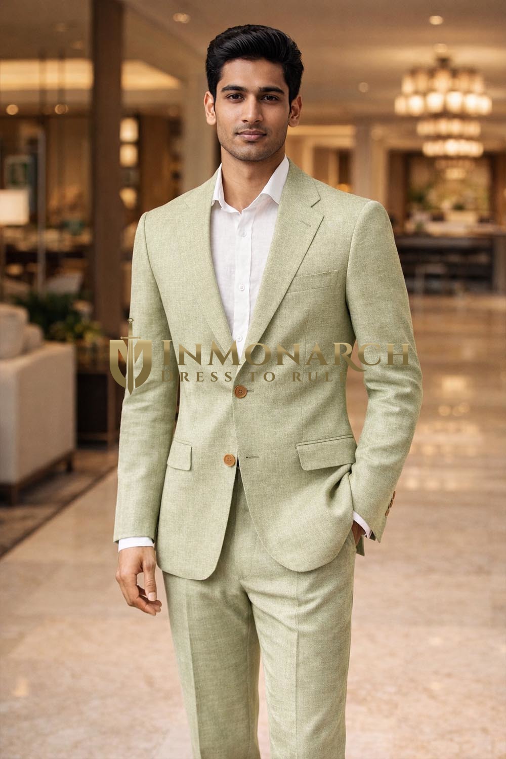 Mens Sage Green Linen 2 Piece Suit Beach Wedding Tailored Formal Wear