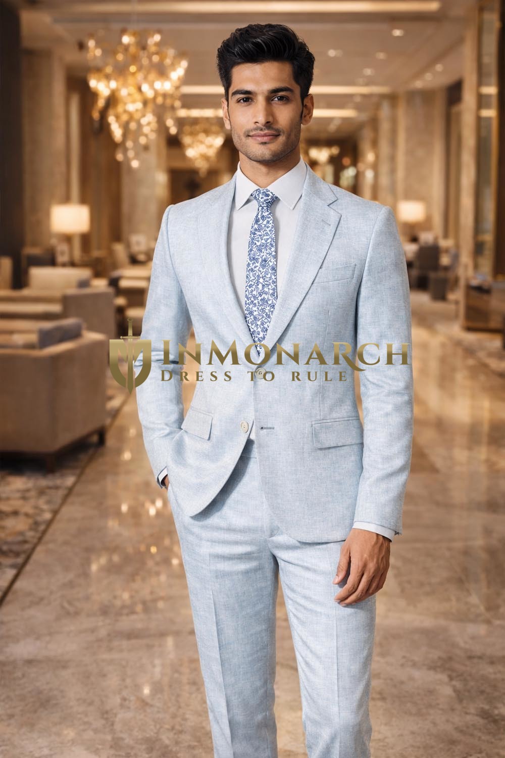 Traje lino cian claro 4 piezas