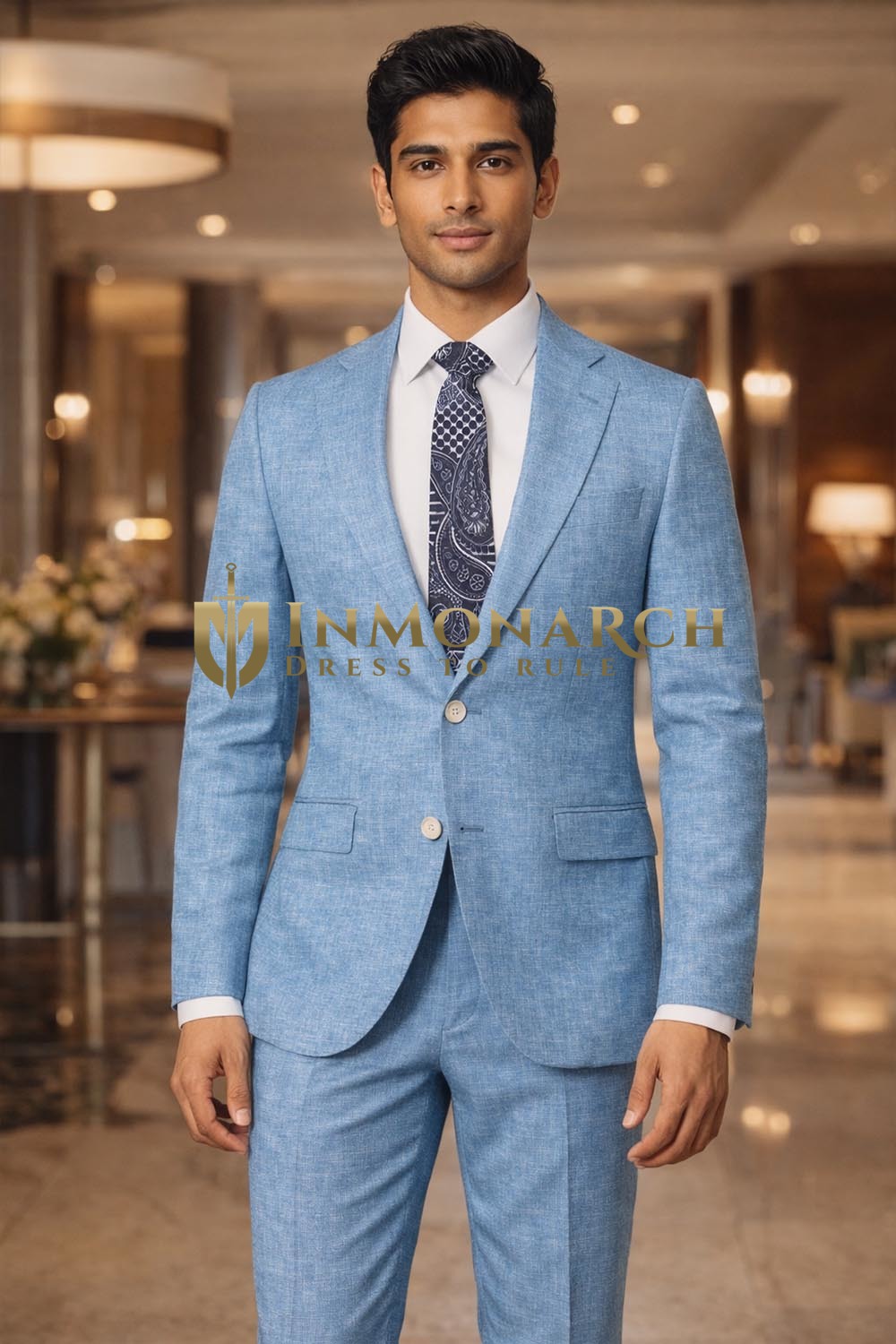 Traje lino azul acero 4 piezas