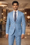 Traje lino azul acero 4 piezas