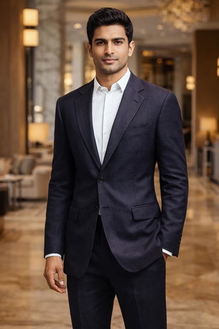 Mens Navy Blue Linen 2 Piece Suit Two Button Formal Classic Outfit Wear
