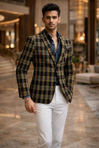 Mens Yellow Plaid Blazer Sport Jacket Slim Fit Casual Statement Piece